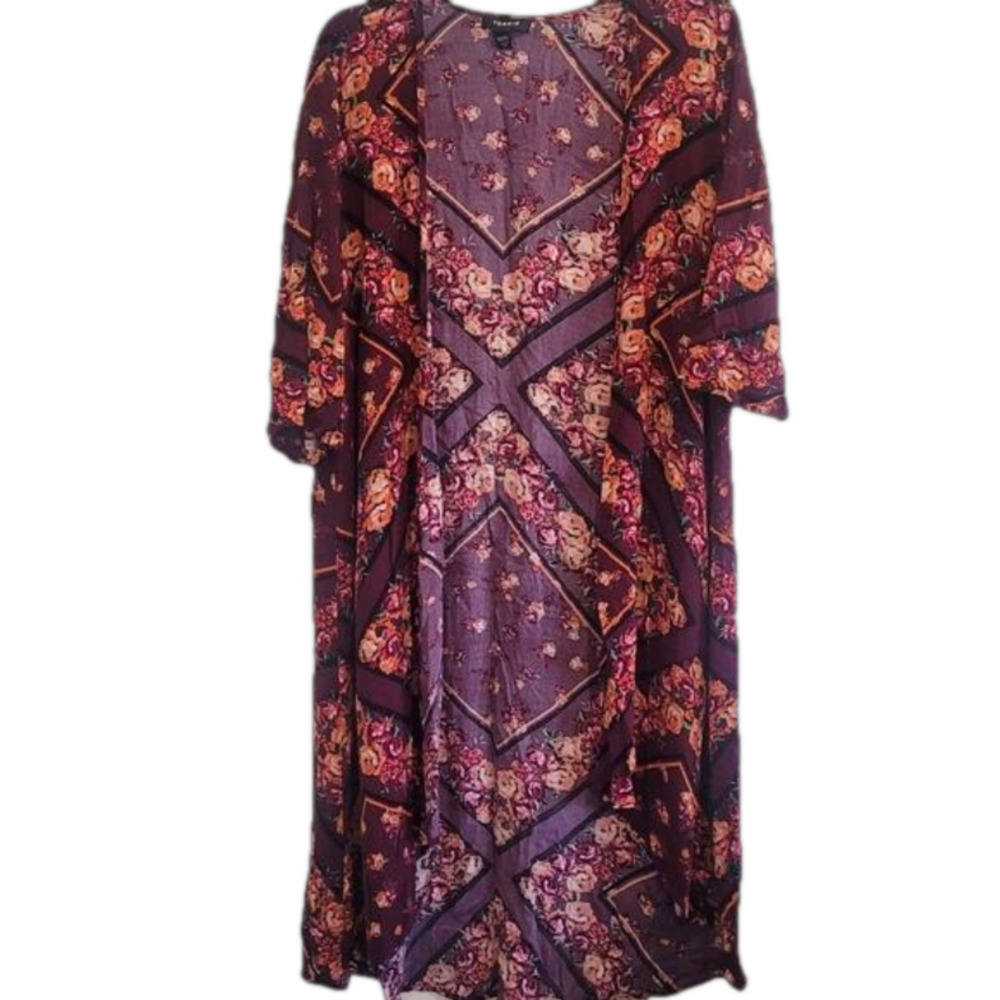 Torrid Burgundy/Orange Boho Open Front Kimono Duster Size 0/00 (M-L)